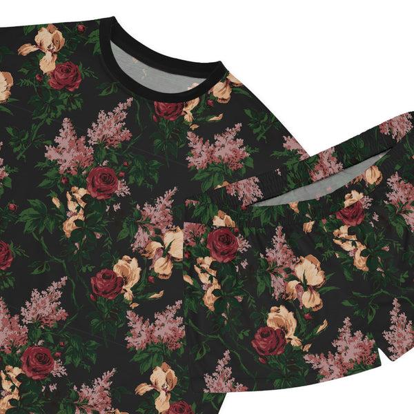 Pin Up Girl TGIF Sleepover PJs In Dark Bella Roses Tee & Pajama Shorts-Set | Pinup Couture Relaxed