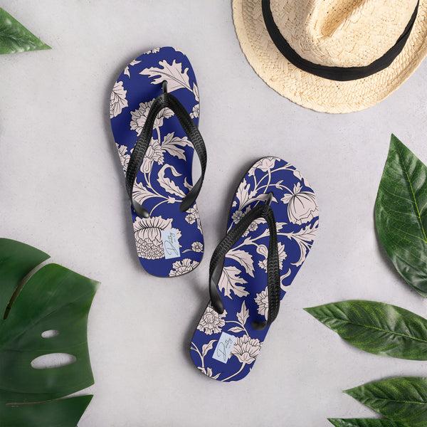 Pin Up Girl Thong Unisex Flip-Flop Sandals In Blue Capri Floral Print | Dorothy Shoes