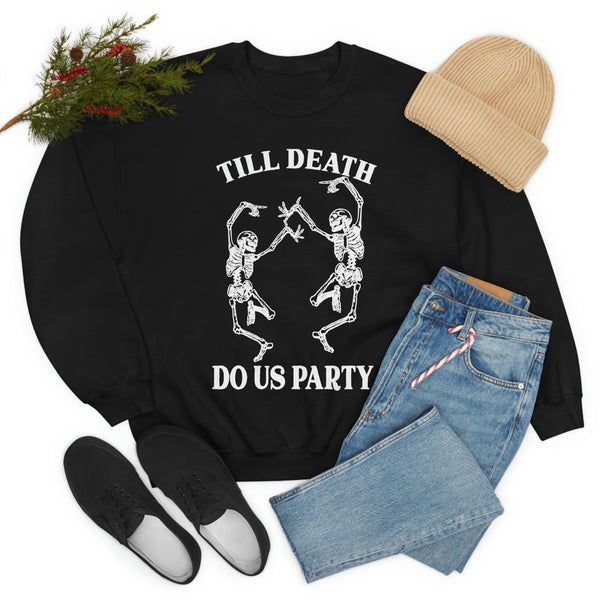 pin up girl Till Death Do Us Party Dancing Skeleton Graphic Sweatshirt in Solid Black