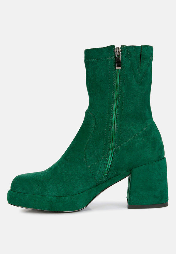 Pin Up Girl Two-Cubes Suede Platform Ankle Boots | Green Or Black | London Rag