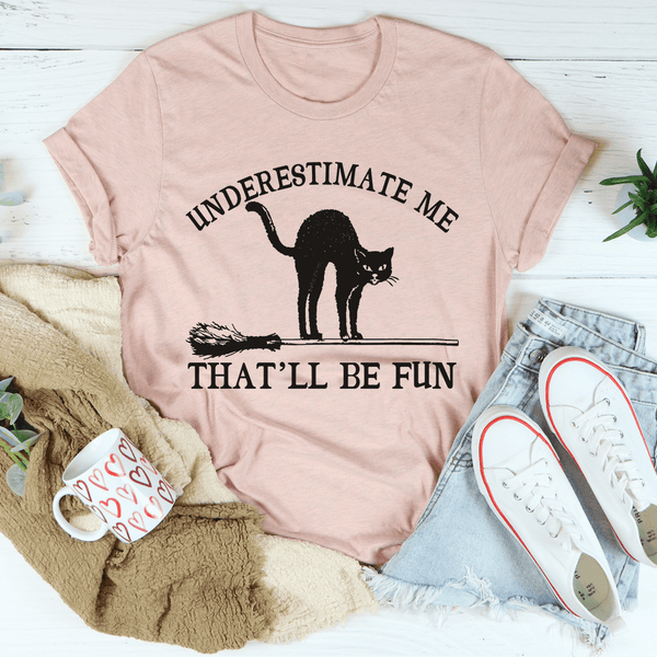 pin up girl Underestimate Me Black Cat Ultra Soft T-Shirt in Shell Pink