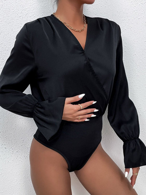 Pin Up Girl V-Neck Flounce Sleeve Bodysuit Blouse In Solid Black