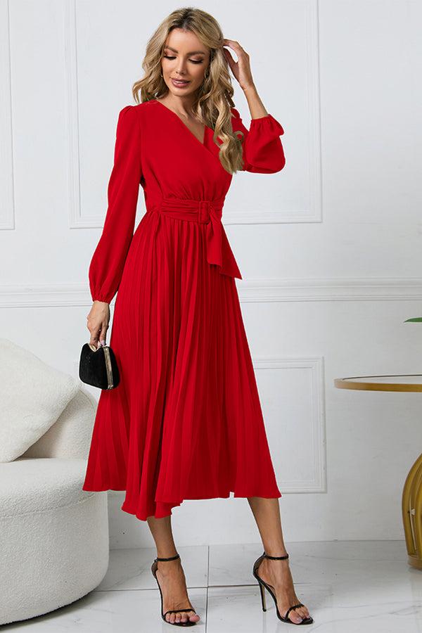 Pin Up Girl V-Neck Long Sleeve Tie Waist Midi Dress | 2 Colors | Poundton