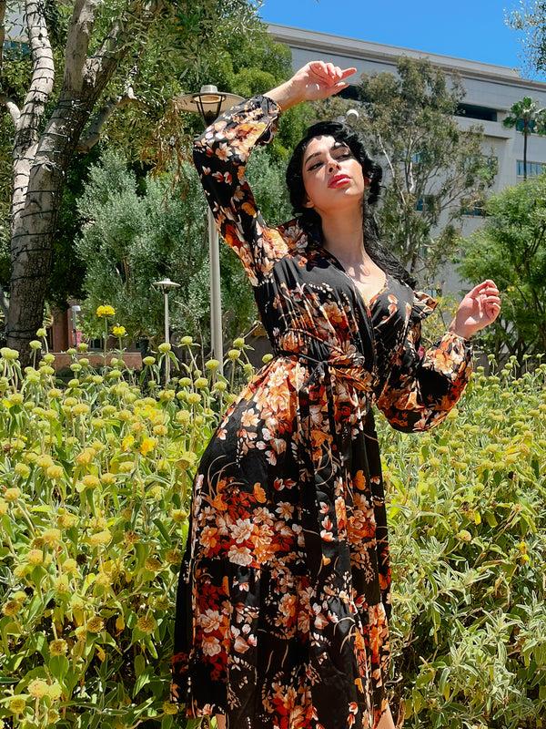 Pin Up Girl Valentina Front Ruffle Hem Midi 70s Floral Shirt Dress On Black Ground