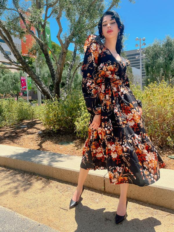 Pin Up Girl Valentina Front Ruffle Hem Midi 70s Floral Shirt Dress On Black Ground