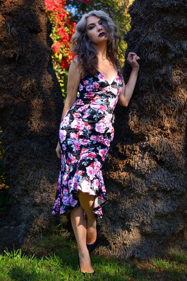 pin up girl Venus Midi Slip Dress in Black 70s Floral Stretch Velvet | Laura Byrnes Design