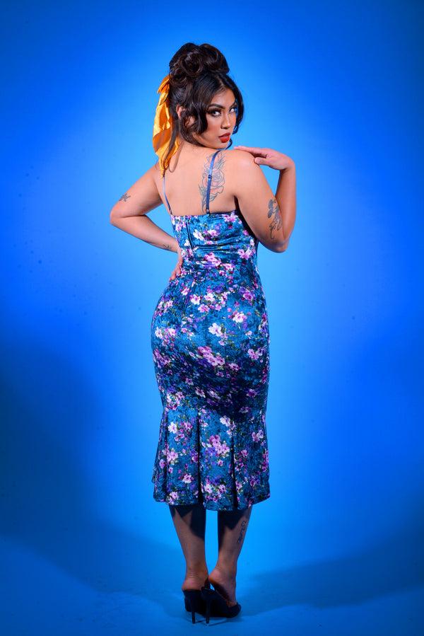Pin Up Girl Venus Midi Slip Dress In Blue Floral Velvet | Laura Byrnes Designs