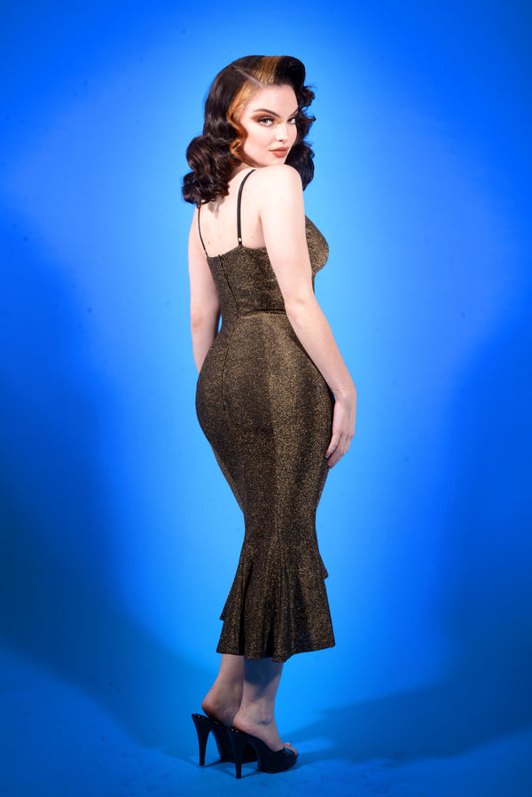 Pin Up Girl Venus Midi Slip Dress In Gold Stretch Lurex Knit | Laura Byrnes Design