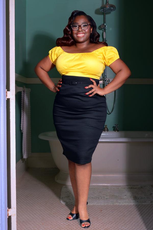 Pin Up Girl Vintage High Waist Pencil Skirt In Solid Black Cotton Sateen | Laura Byrnes Design