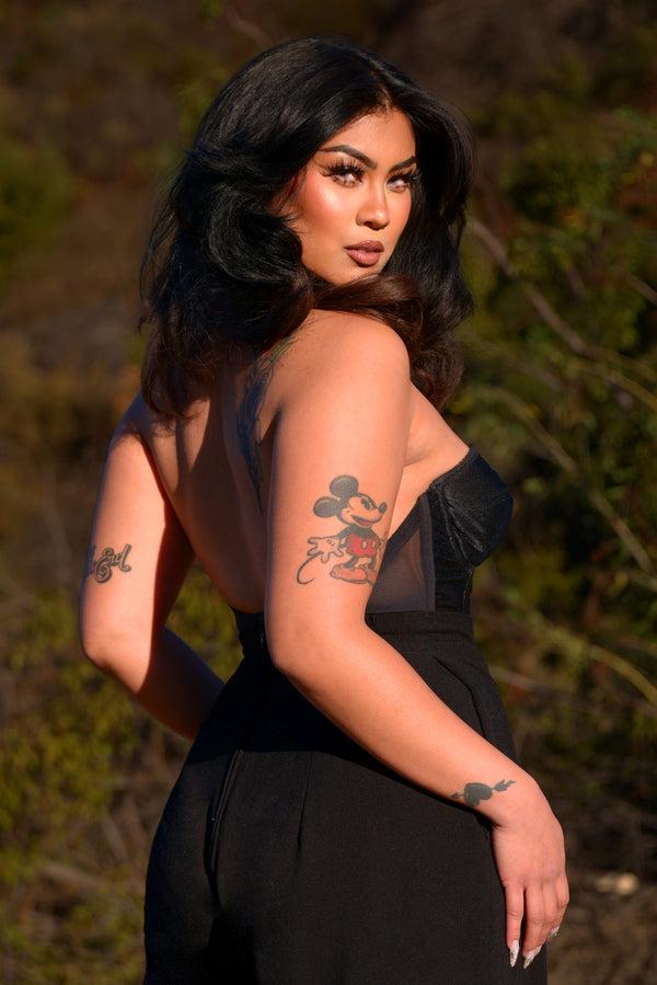 Pin Up Girl Vintage Silhouette Backless Satin Longline Bra In Black | Pinup Girl Clothing