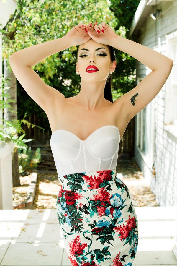 Pin Up Girl Vintage Silhouette Backless Satin Longline Bra In White | Pinup Girl Clothing