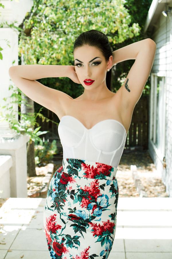 pin up girl Vintage Silhouette Backless Satin Longline Bra in White | Pinup Girl Clothing