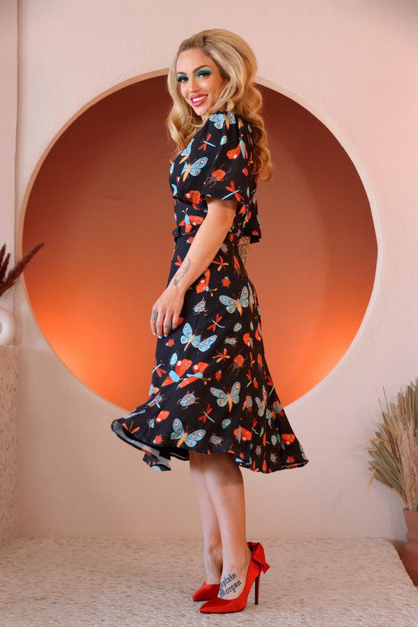 Pin Up Girl Viva 40s Day Dress In 70's Moth Print Stretch Crepe | Laura Byrnes & Hope Johnstun