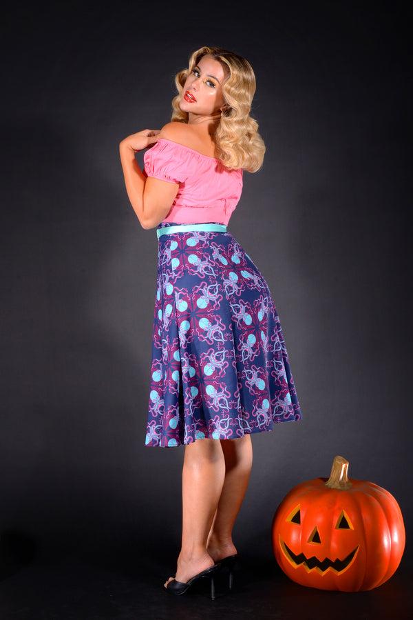 Pin Up Girl Viva 40s Style Tulip Skirt In Blue Daddy Cthulhu Print Stretch Crepe | Laura Byrnes & Hope Johnstun