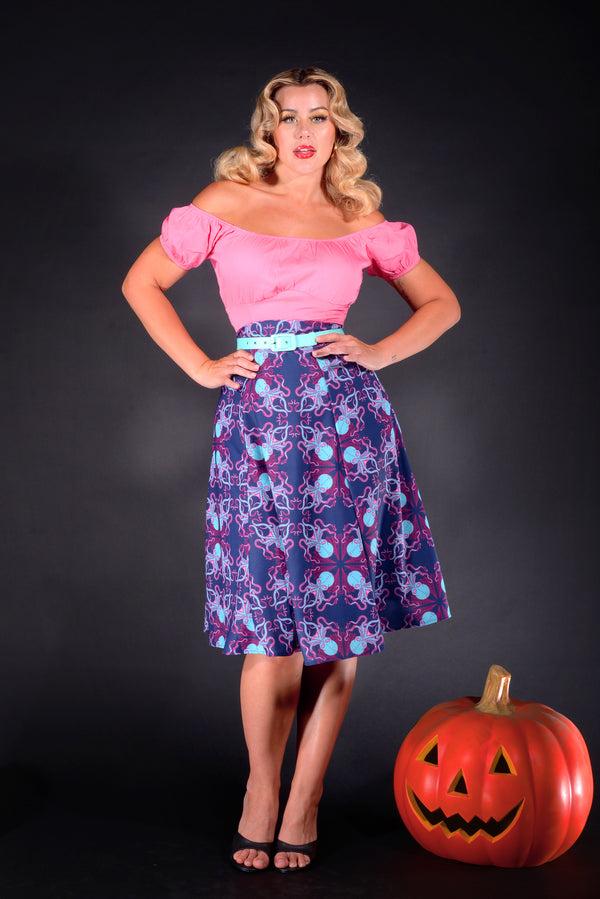 pin up girl Viva 40s Style Tulip Skirt in Blue Daddy Cthulhu Print Stretch Crepe | Laura Byrnes & Hope Johnstun