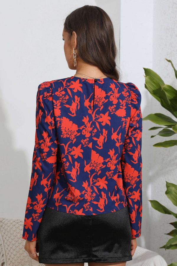 Pin Up Girl Von Fleur Floral 80's Graphic Red & Navy Floral Long Sleeve Blouse