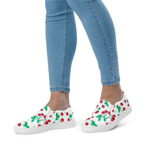 Pin Up Girl White Chocolate Cherry Print Women’s Canvas Slip-On Deck Shoes | Pinup Couture Relaxed