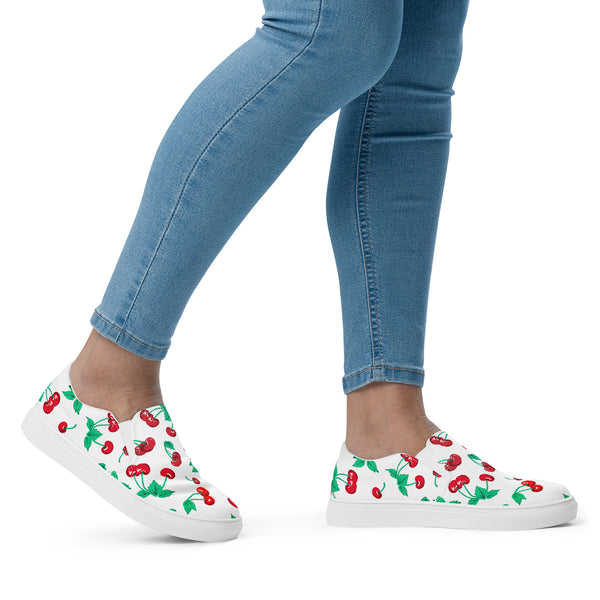 Pin Up Girl White Chocolate Cherry Print Women’s Canvas Slip-On Deck Shoes | Pinup Couture Relaxed