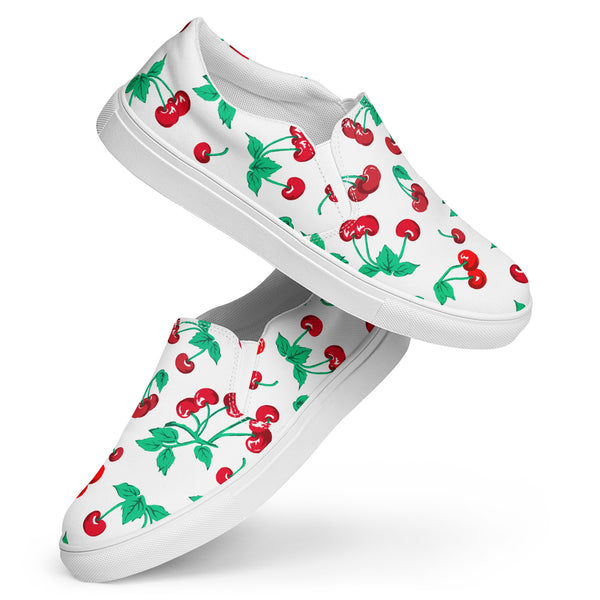 pin up girl White Chocolate Cherry Print Women’s Canvas Slip-On Deck Shoes | Pinup Couture Relaxed