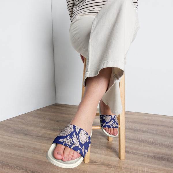 Pin Up Girl Women's Beach Slides Shoes In Blue Capri Floral Print | Dorothy Shoes