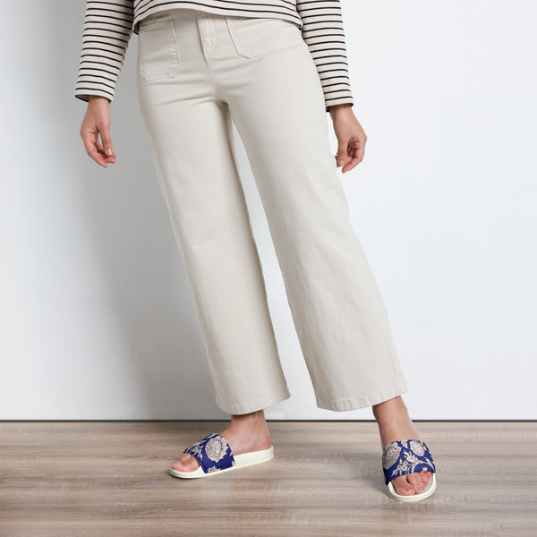 Pin Up Girl Women's Beach Slides Shoes In Blue Capri Floral Print | Dorothy Shoes