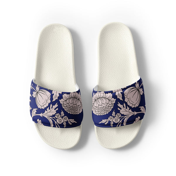 Pin Up Girl Women's Beach Slides Shoes In Blue Capri Floral Print | Dorothy Shoes