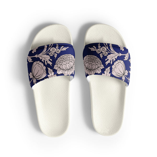 pin up girl Women's Beach Slides Shoes in Blue Capri Floral Print | Dorothy Shoes