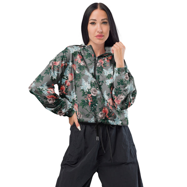 pin up girl Women’s Cropped Windbreaker in J'Adore Paris Bella Roses Floral Print | Pinup Couture