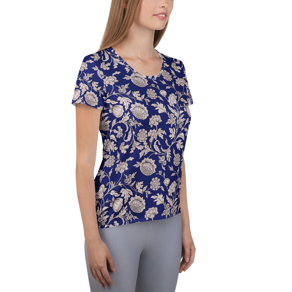 Pin Up Girl Work It Out Shirt In Blue Capri Floral Print | Pinup Couture