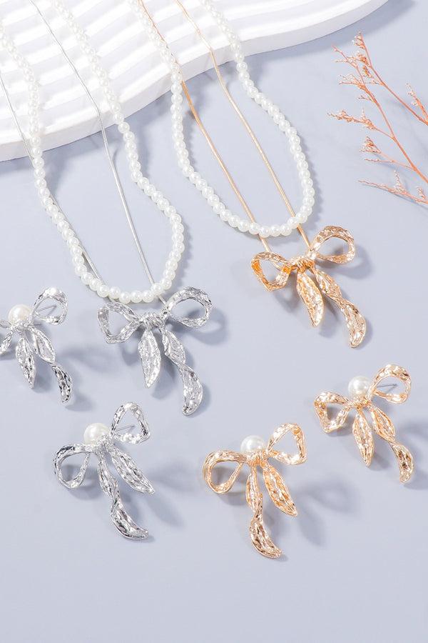 Pin Up Girl Zoe Synthetic Pearl Necklace Bow Necklace And Bow Earrings Jewelry Set | 2 Colors | Poundton