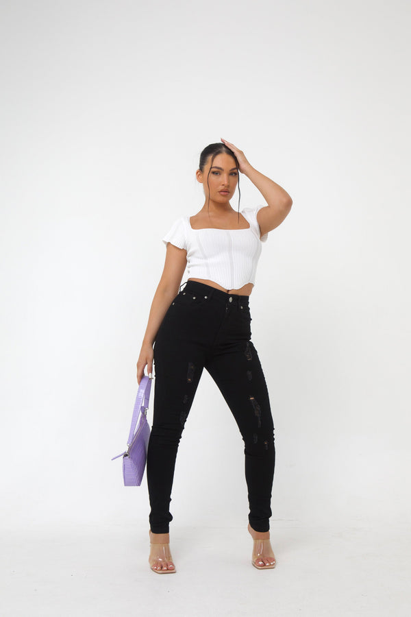 Pindydoll Dakota Black Skinny Fit Stretch Denim Ripped Jeans