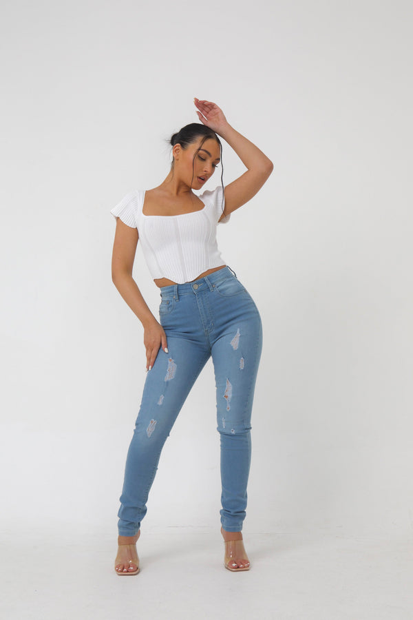 Pindydoll Dakota Lightwash Skinny Fit Stretch Denim Ripped Jeans