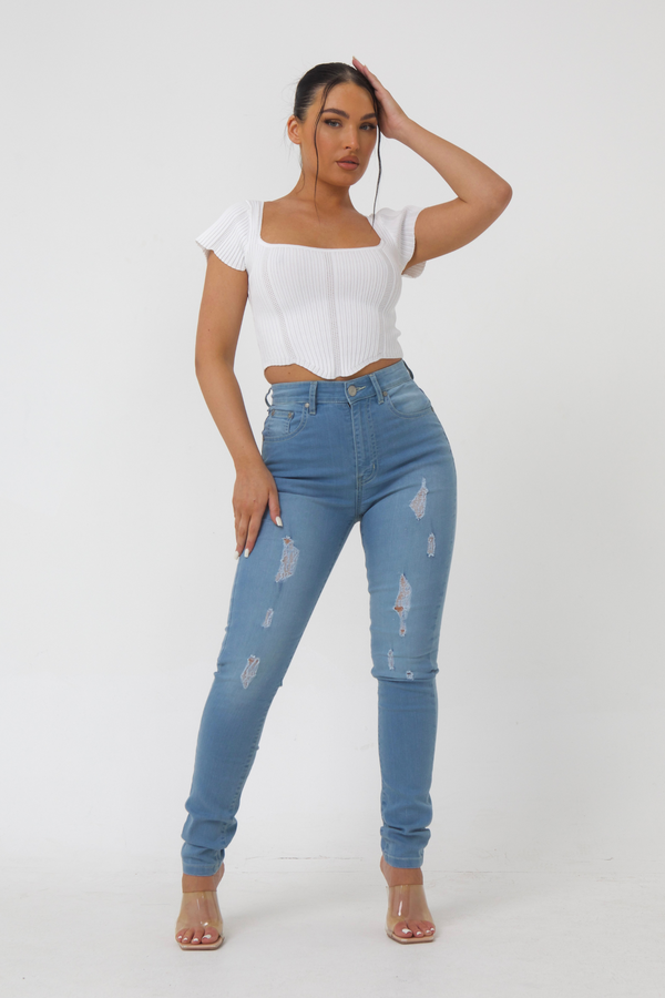 pindydoll Dakota Lightwash Skinny Fit Stretch Denim Ripped Jeans
