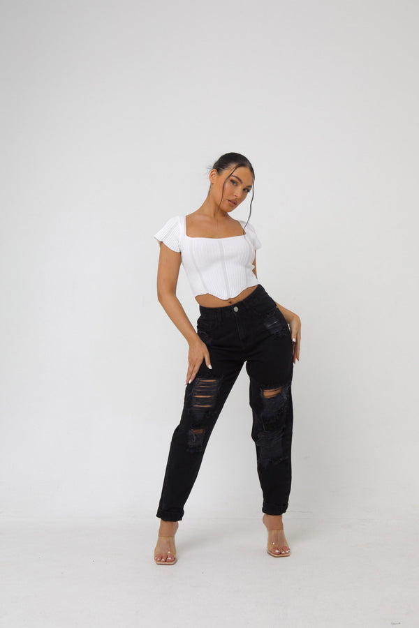Pindydoll Jess Black Relaxed Mom Fit Ripped Denim Jeans