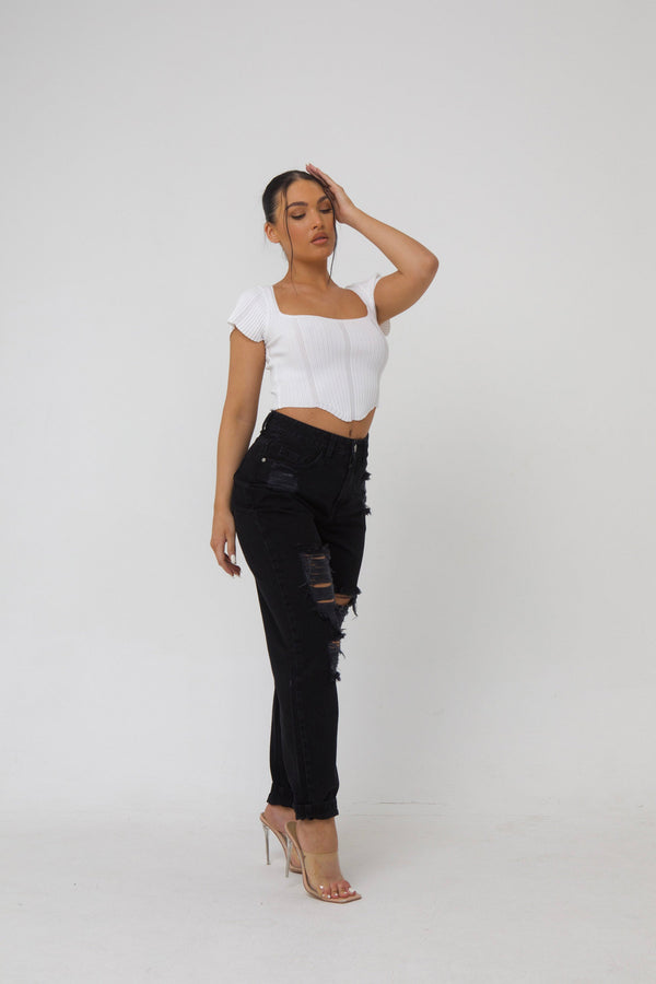 Pindydoll Jess Black Relaxed Mom Fit Ripped Denim Jeans