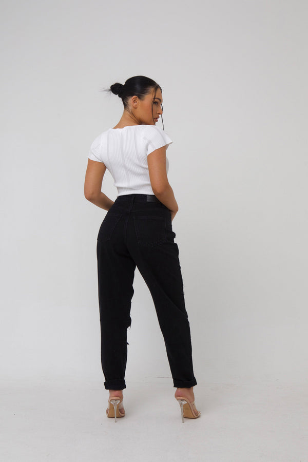 Pindydoll Jess Black Relaxed Mom Fit Ripped Denim Jeans