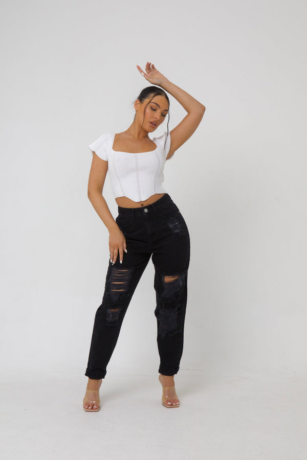 pindydoll Jess Black Relaxed Mom Fit Ripped Denim Jeans