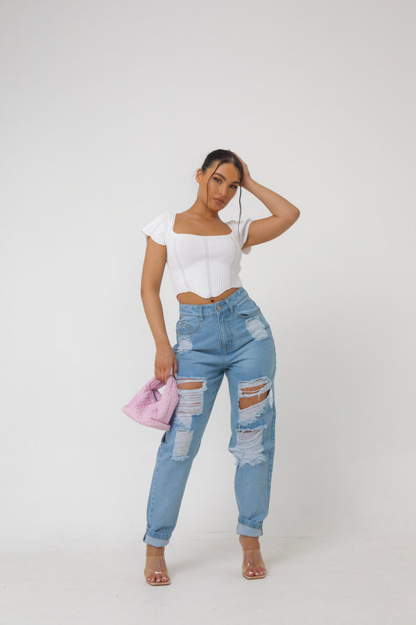 Pindydoll Jess Light Blue Relaxed Mom Fit Ripped Denim Jeans