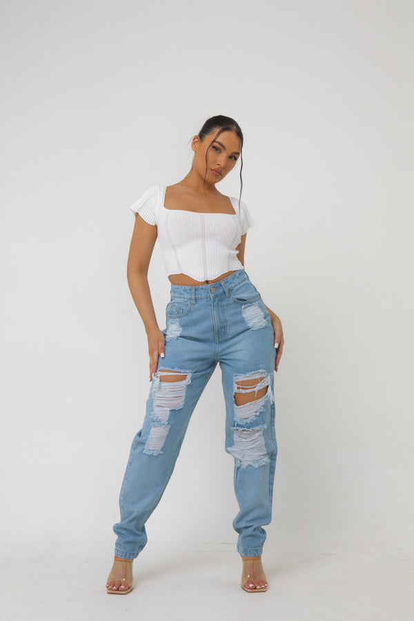 Pindydoll Jess Light Blue Relaxed Mom Fit Ripped Denim Jeans