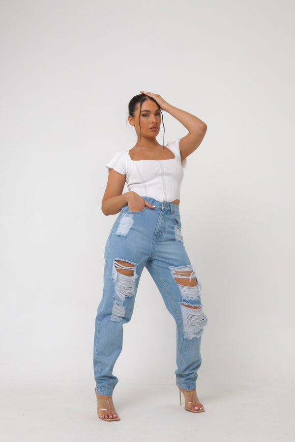 Pindydoll Jess Light Blue Relaxed Mom Fit Ripped Denim Jeans