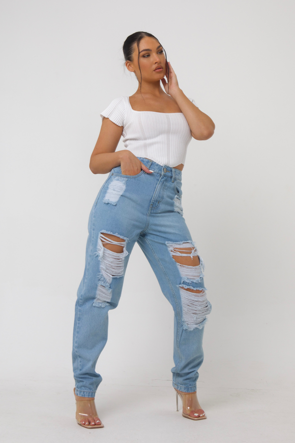 pindydoll Jess Light Blue Relaxed Mom Fit Ripped Denim Jeans