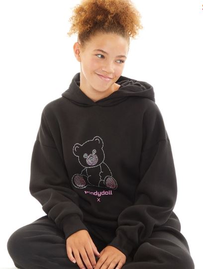 pindydoll Joel Black Girls Diamante Oversized Hoody and jogger Set