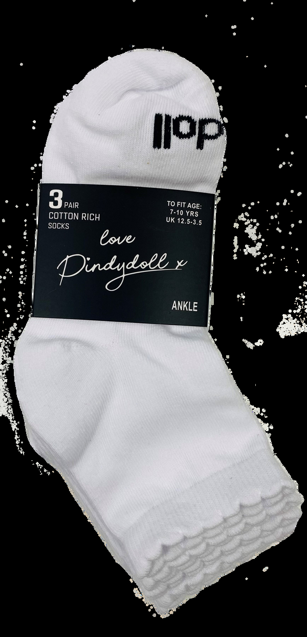 Pindydoll Meg White Girls 3 Pack Ankle Length Socks