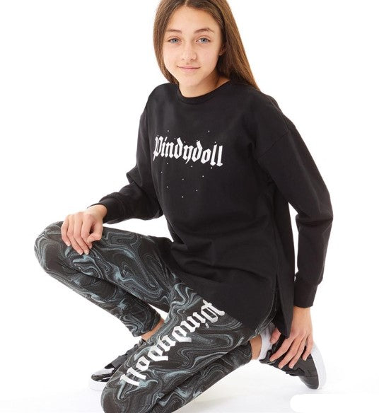 Pindydoll Sara Black/Marble Girls Loose Fit Side Split Sweat And Legging Set