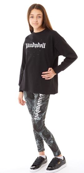 pindydoll Sara Black/Marble Girls Loose Fit side split sweat and legging set