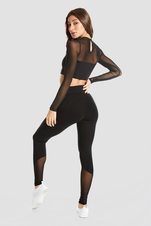 Pineapple Mesh Panel Long Sleeve Crop Top