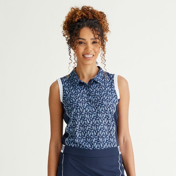 ping Colleen Ladies Sleeveless Printed Polo Shirt - Paradise Garden/Navy