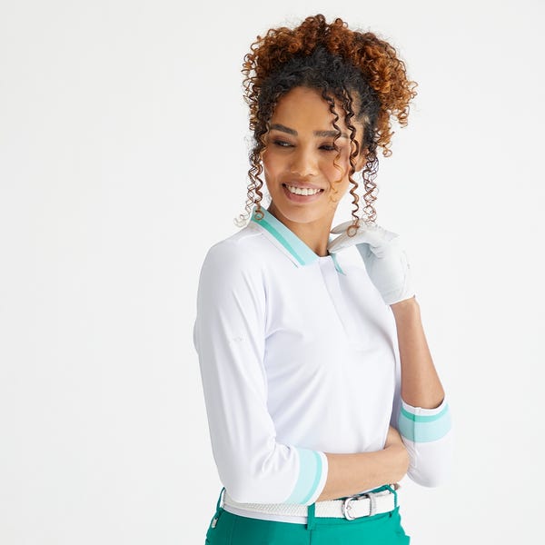 Ping Lindsey Ladies 3/4 Sleeve Polo Shirt - White/Bright Aqua