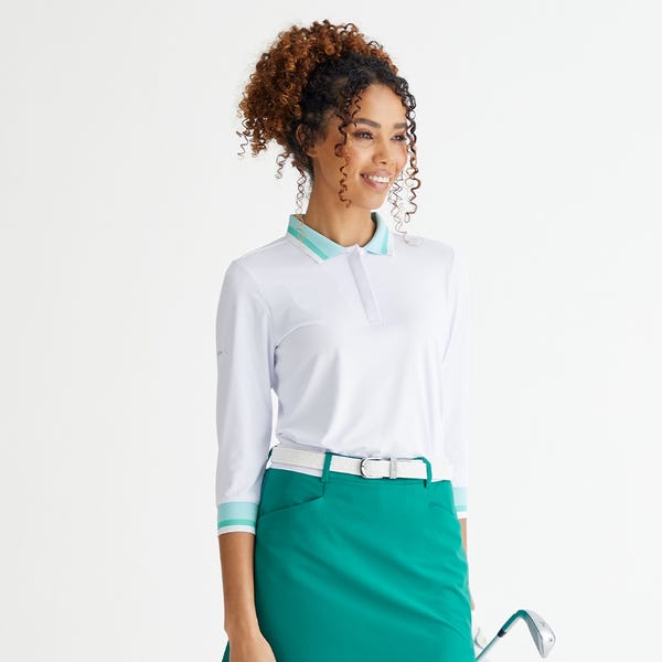 ping Lindsey Ladies 3/4 Sleeve Polo Shirt - White/Bright Aqua