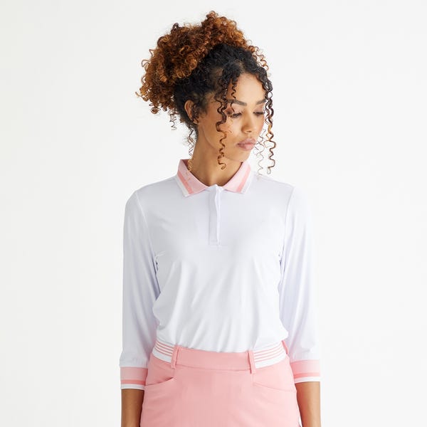 ping Lindsey Ladies 3/4 Sleeve Polo Shirt - White/Sweet Pea